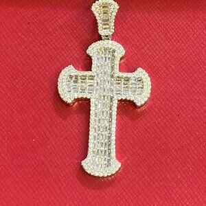 brand new silver cross charm with baguette-cut cz (white) a2